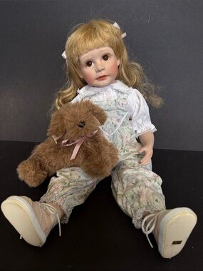 Blonde-Haired Porcelain Doll “Jennifer” from Hamilton Collection with Brown Dog